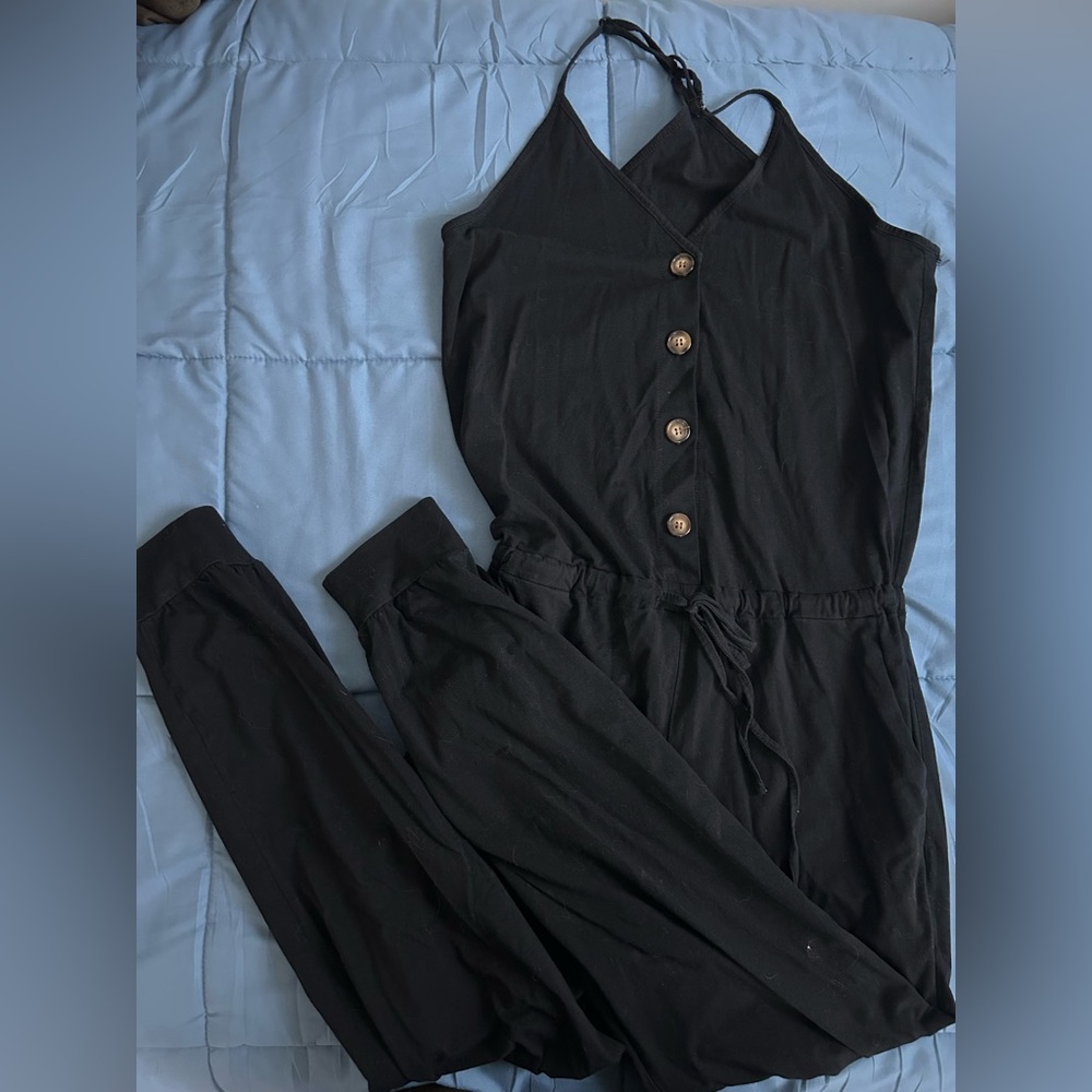 Jumpsuit wrap v neck romper, button front with pockets - Picture 2 of 4